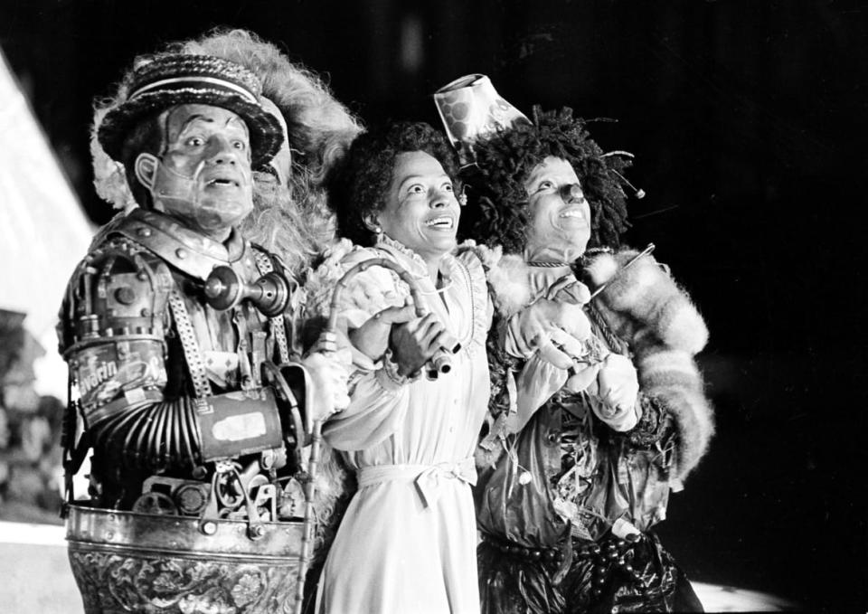 (L-R) Nipsey Russell as Tinman; Ted Ross, as Lion; Diana Ross as Dorothy; and Michael Jackson as Scarecrow perform during the filming of the movie musical “The Wiz” on Oct. 4, 1977, in the World Trade Center in New York City. (AP Photo)