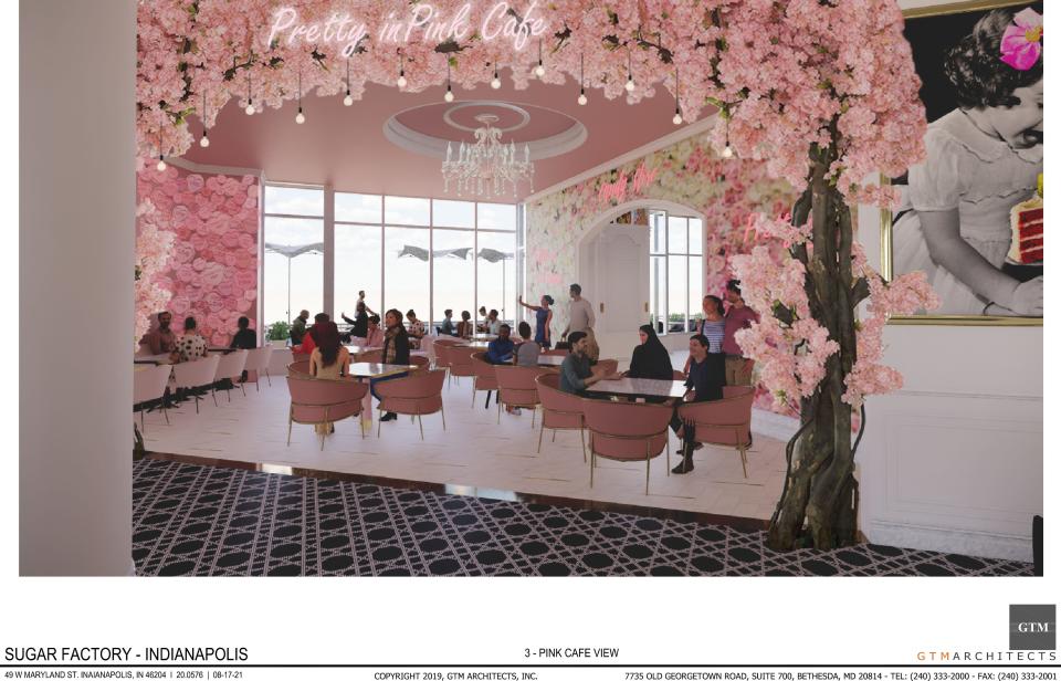 A rendering of the Pink Cafe inside of the upcoming Sugar Factory Indianapolis. The restaurant, known for its sweet treats and celebrity endorsements, is opening in Indianapolis in spring 2022.