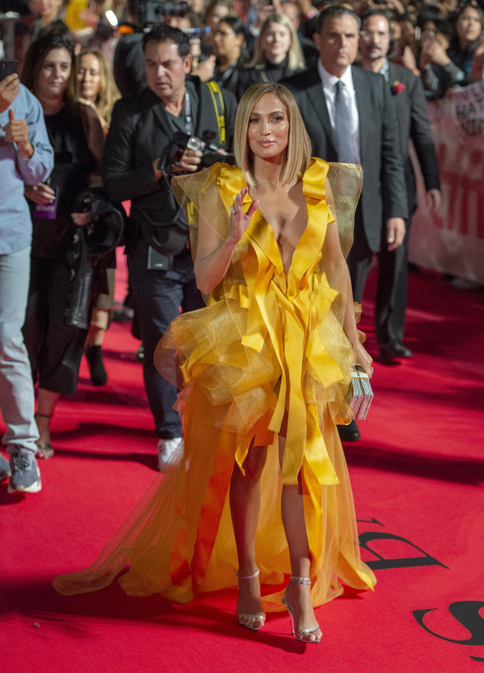 Actress Jennifer Lopez arrives for the Gala Premiere of the film "Hustlers" at the 2019 Toronto International Film Festival in Toronto, on Saturday, Sept. 7, 2019. (Frank Gunn/The Canadian Press via AP)