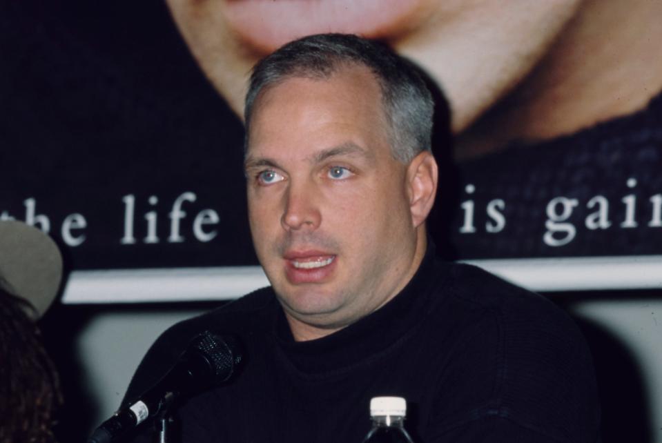 American singer and songwriter Garth Brooks, and American record producer and musician Don Was attend the press conference announcing the release of Brooks' album 'The Life of Chris Gaines,' held at Paramount Studios in Los Angeles, California, 10th May 1999