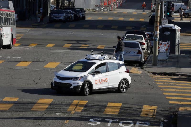 FILE PHOTO: A self-driving GM Bolt EV is seen during a media event where Cruise, GM's autonomous car unit, showed off its self-driving cars in San Francisco