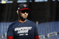 Washington Nationals pitcher Anibal Sanchez walks on the field during a baseball workout, Friday, Oct. 18, 2019, in Washington, in advance of the team's appearance in the World Series. (AP Photo/Patrick Semansky)