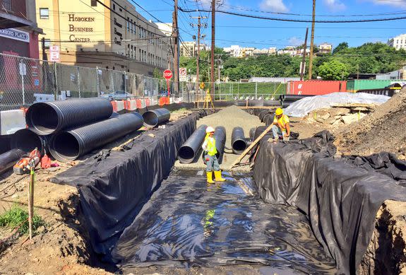 Workers build underground detention systems for stormwater in Hoboken's Southwest Park.