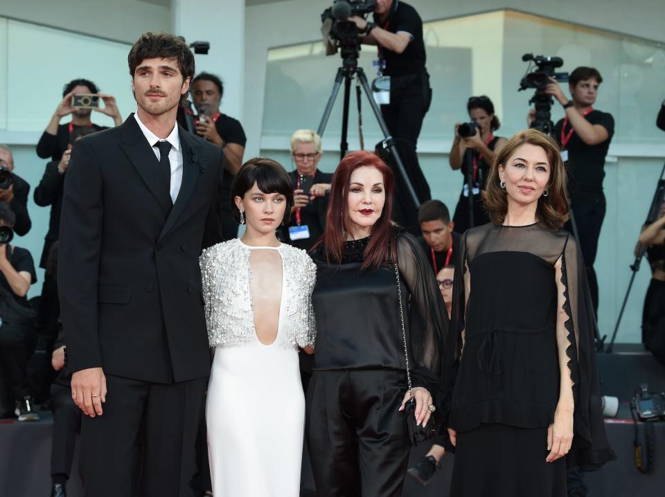 American film director, screenwriter, actress and producer Sofia Coppola, American actress and singer Cailee Spaeny, Australian actor Jacob Elordi and American actress Priscilla Presley at the 80 Venice International Film Festival 2023.