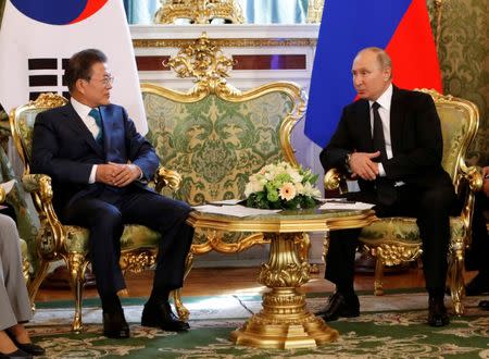 Russian President Vladimir Putin meets with South Korean President Moon Jae-in at the Kremlin in Moscow, Russia June 22, 2018. REUTERS/Sergei Karpukhin