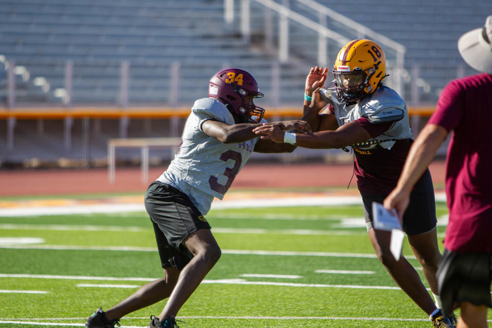 Jaylen Colter, No. 34, at Mountain Pointe high school football practice in Phoenix on Sept. 25, 2023.