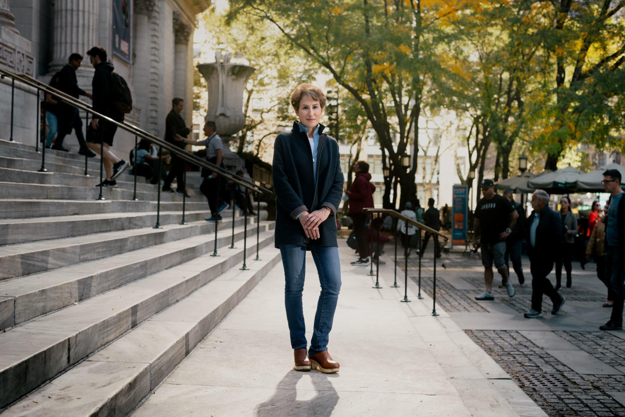 Stacy Schiff on the front steps of the New York Public Library, on Oct. 14, 2022.