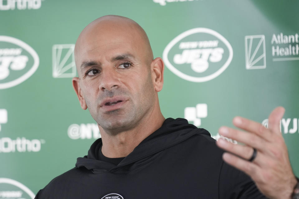 New York Jets' head coach Robert Saleh talks to reporters after a joint practice with the Tampa Bay Buccaneers at the Jets' training facility in Florham Park, N.J., Wednesday, Aug. 16, 2023. (AP Photo/Seth Wenig)