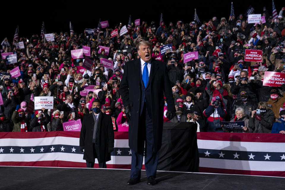 President Donald Trump arrives for a campaign rally at Eppley Airfield, Tuesday, Oct. 27, 2020, in Omaha, Neb. (AP Photo/Evan Vucci)