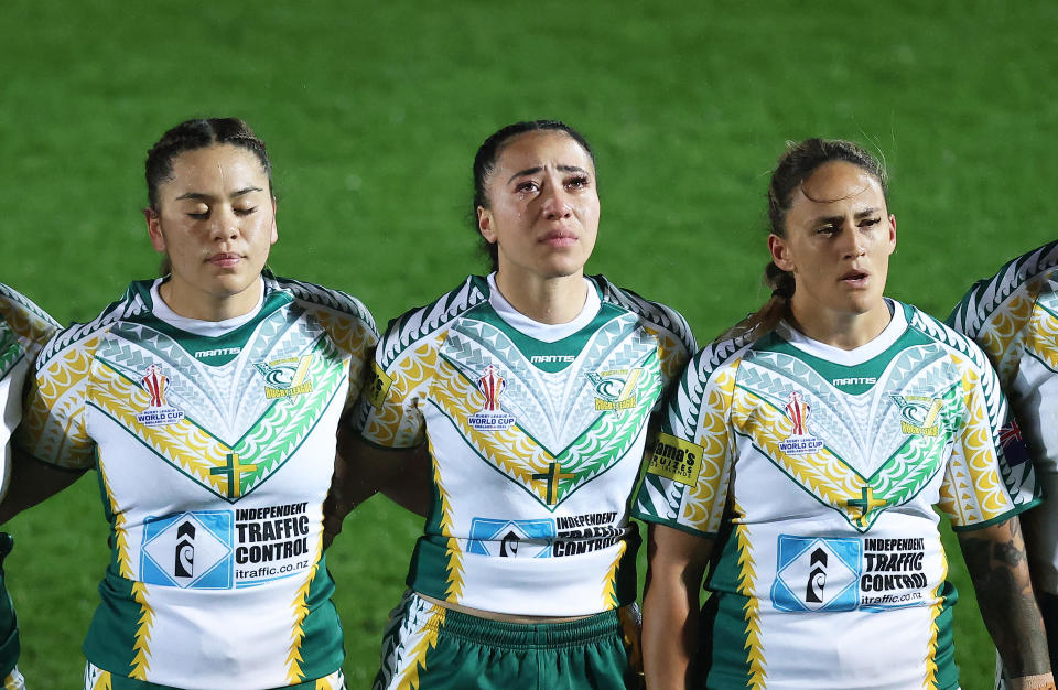 Cook Islands players during the Women's Rugby League World Cup 2021.