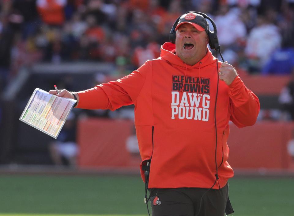 Cleveland Browns head coach Freddie Kitchens barks at a official during the fourth quarter against the Seattle Seahawks on Sunday, Oct. 13, 2019 in Cleveland, Ohio, at FirstEnergy Stadium. The Browns lost the game 32-28.