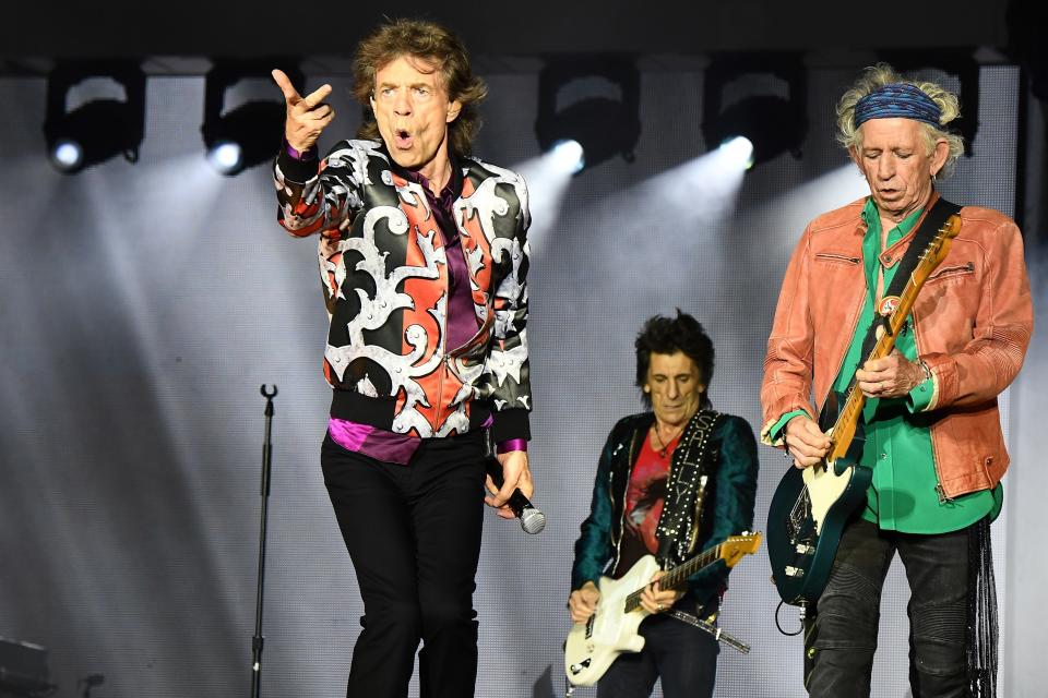 (L/R): British musicians Mick Jagger, Ronnie Wood and Keith Richards of The Rolling Stones perform a concert at The Velodrome Stadium in Marseille on June 26, 2018, as part of their 'No Filter' tour (Photo by Boris HORVAT / AFP)        (Photo credit should read BORIS HORVAT/AFP/Getty Images)