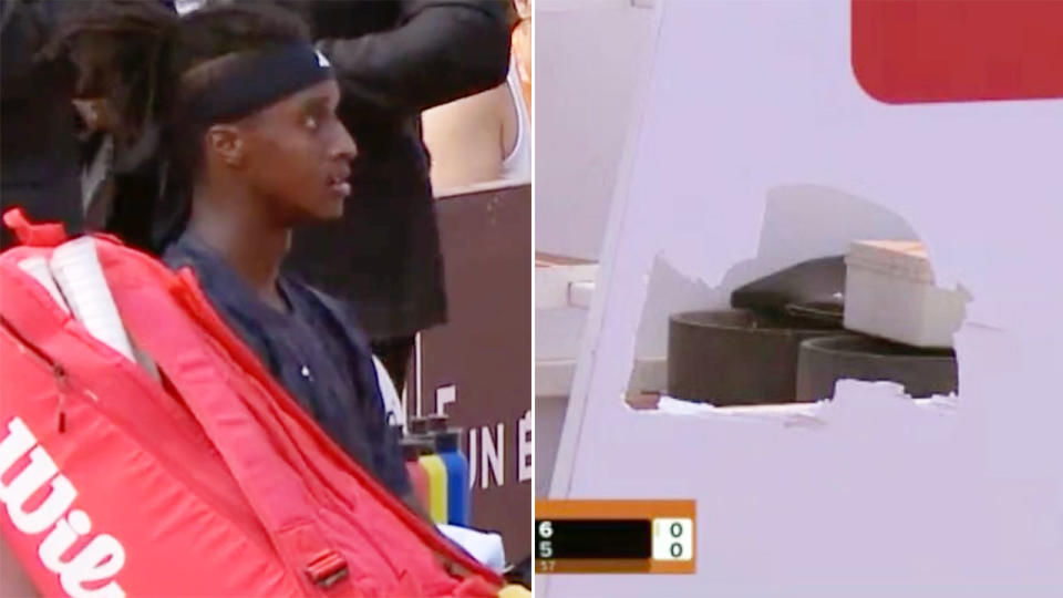 Pictured here, the hole that Swedish tennis star Mikael Ymer left in the umpire's chair at the Lyon Open.