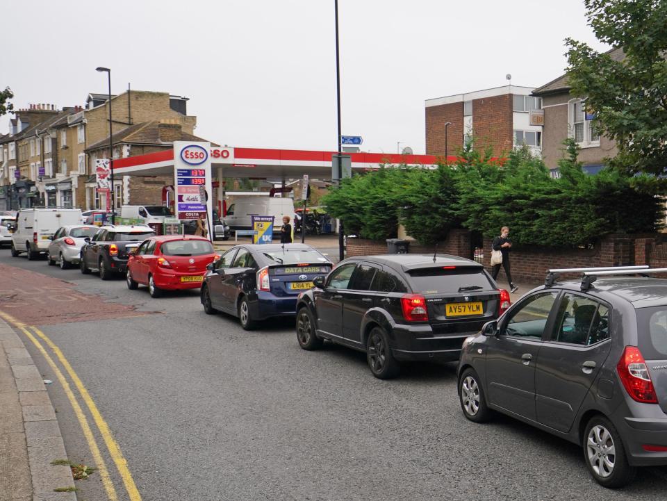 A queue for petrol in Brockley, south London (PA)