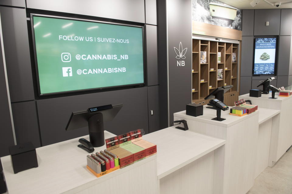 The point of sale area inside a Cannabis NB retail store is shown in Fredericton, New Brunswick, on Tuesday, Oct. 16, 2018. (Stephen MacGillivray/The Canadian Press via AP)