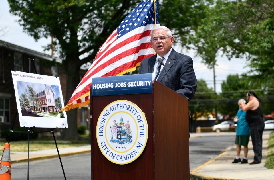 Senator Bob Menendez speaks at Ablett Village during a press conference to announce a $35 million federal Choice Neighborhoods Implementation Grant to the City of Camden. June 2, 2021.