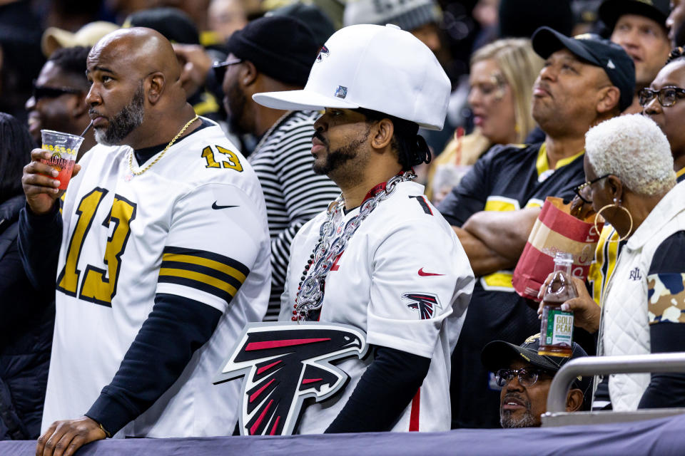 Jan 7, 2024; New Orleans, Louisiana, USA; Atlanta Falcons fan looks on against the New Orleans Saints during the second half at Caesars Superdome. Mandatory Credit: Stephen Lew-USA TODAY Sports