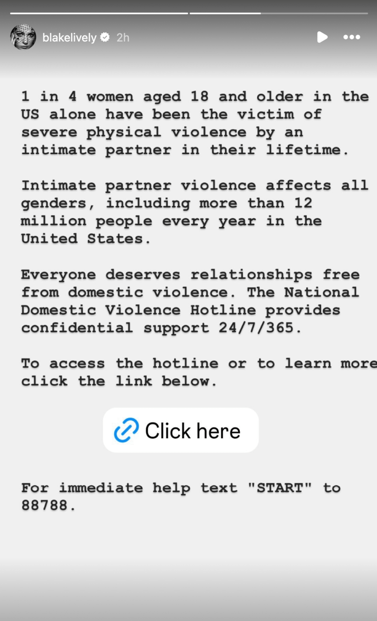 Blake Lively shares statistics about domestic violence statistics and how people can get help. (Instagram story/Blake Lively)