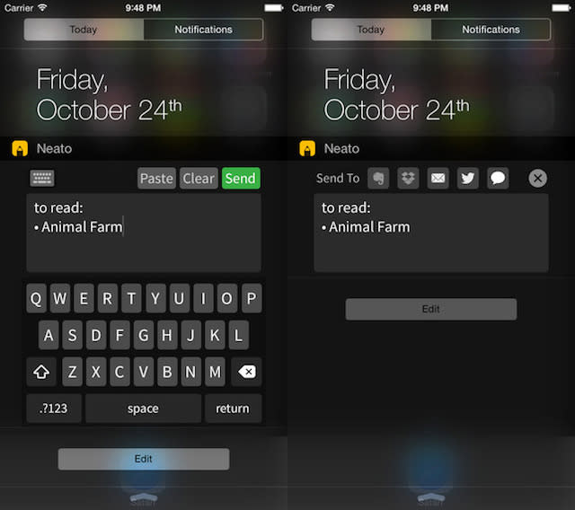 Neato note-taking app for iOS 8 notification center