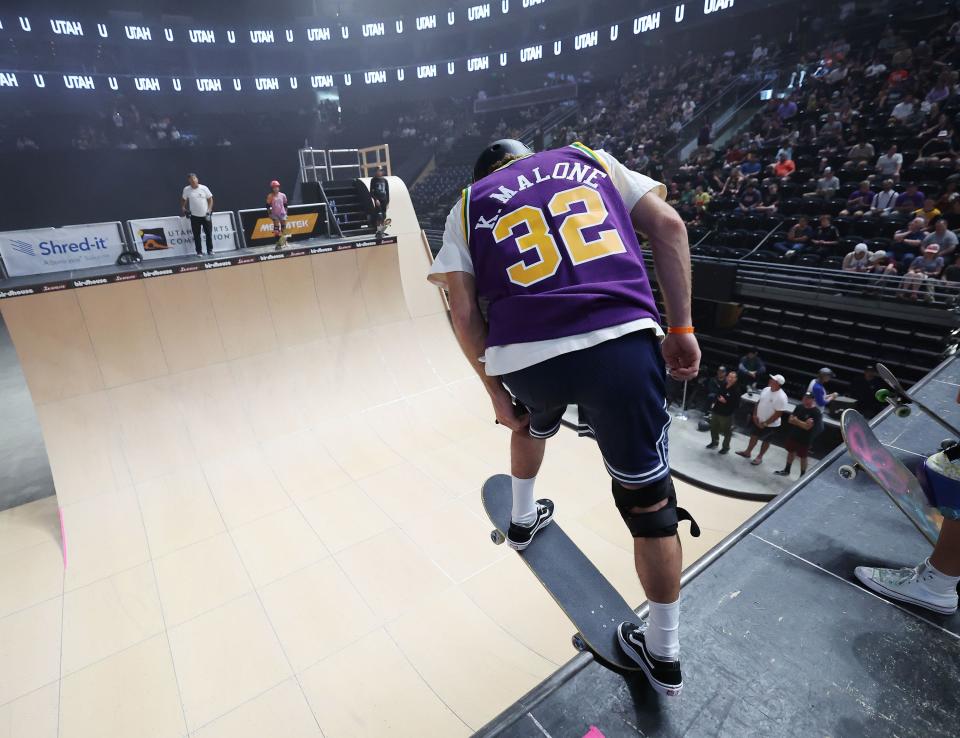 A skater wearing a Karl Malone jersey practices for Vert Alert as the Utah Jazz hold a draft fan event in Salt Lake City on Thursday, June 22, 2023 during the NBA draft. | Jeffrey D. Allred, Deseret News