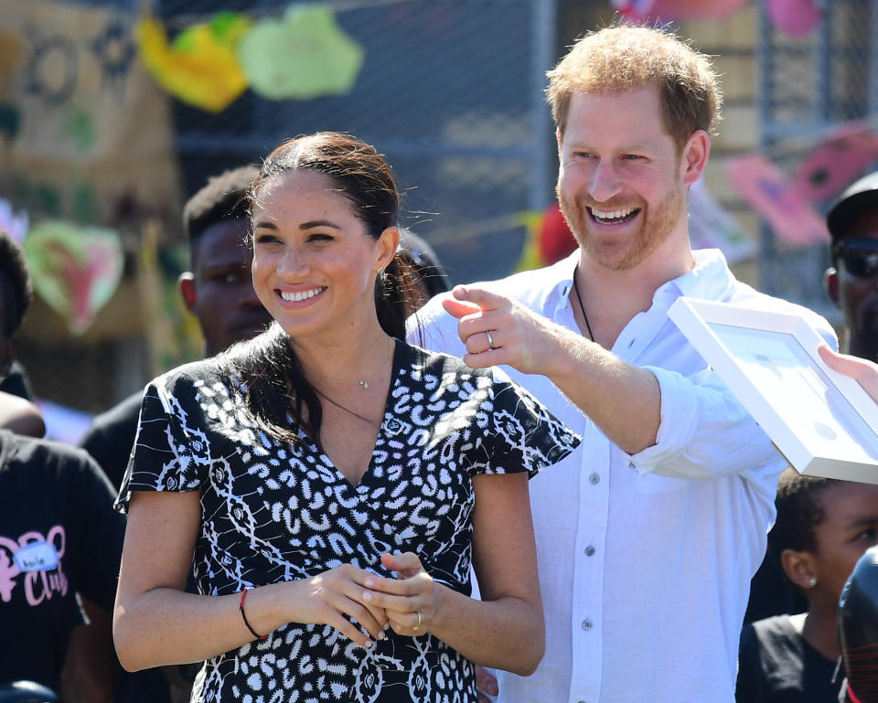 CAPE TOWN, SOUTH AFRICA - SEPTEMBER 23: Prince Harry, Duke of Sussex and Meghan, Duchess of Sussex visit a Justice Desk initiative, a workshop that teaches children about their rights, self-awareness and safety, in Nyanga township, during their royal tour of South Africa on September 23, 2019 in Cape Town, South Africa. (Photo by Samir Hussein/WireImage)