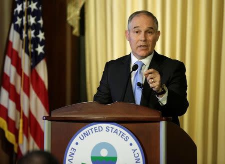 Scott Pruitt, administrator of the Environmental Protection Agency (EPA), speaks to employees of the Agency in Washington, U.S., February 21, 2017. REUTERS/Joshua Roberts