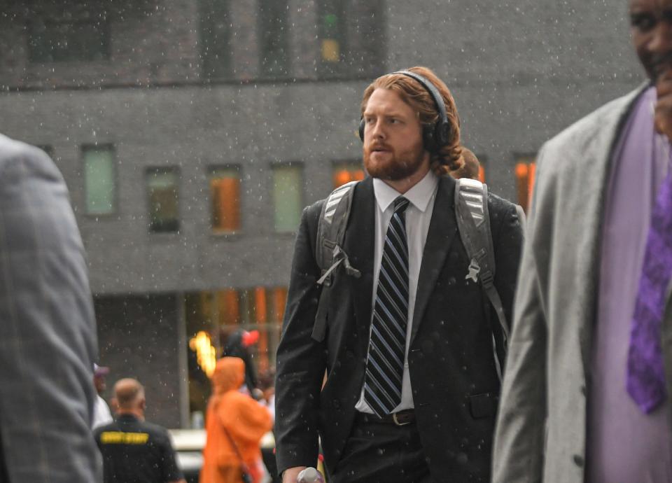 Clemson linebacker Jake Venables, shown after arriving with team at Syracuse, wasn't healthy enough to play in that game and has had only 21 snaps all season.