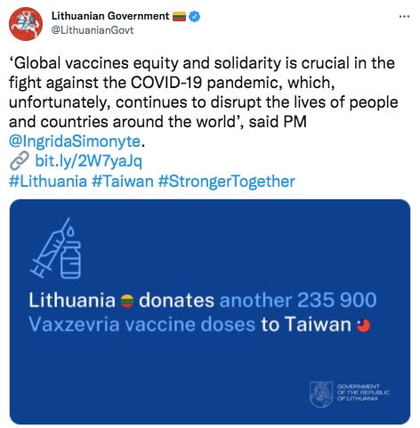 立陶宛宣布將再贈23萬5900劑AZ疫苗給台灣。（圖／翻攝自Twitter）