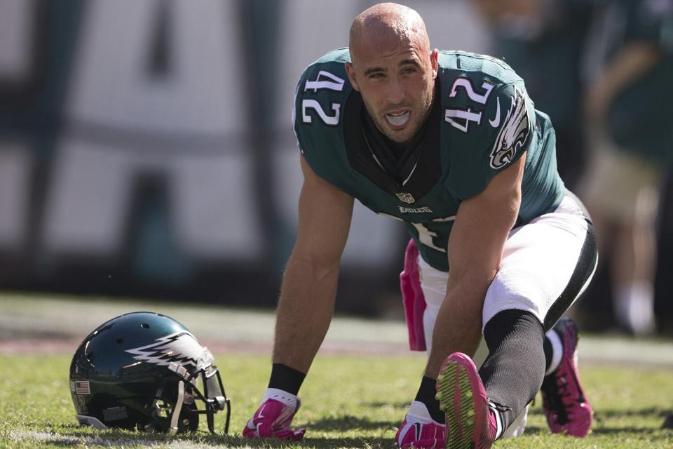 Chris Maragos #42 of the Philadelphia Eagles stretches prior to the game against the New Orleans Saints