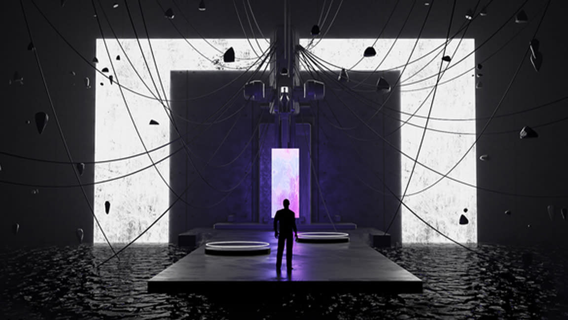  Synapse art; a man stands in front of a virtual reality door. 