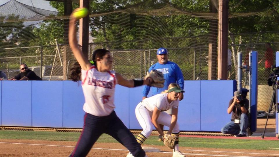 The County’s Layla Torres of Sanger fires off a pitch during the City/County All-Star high school softball game on Wednesday, June 21, 2023.