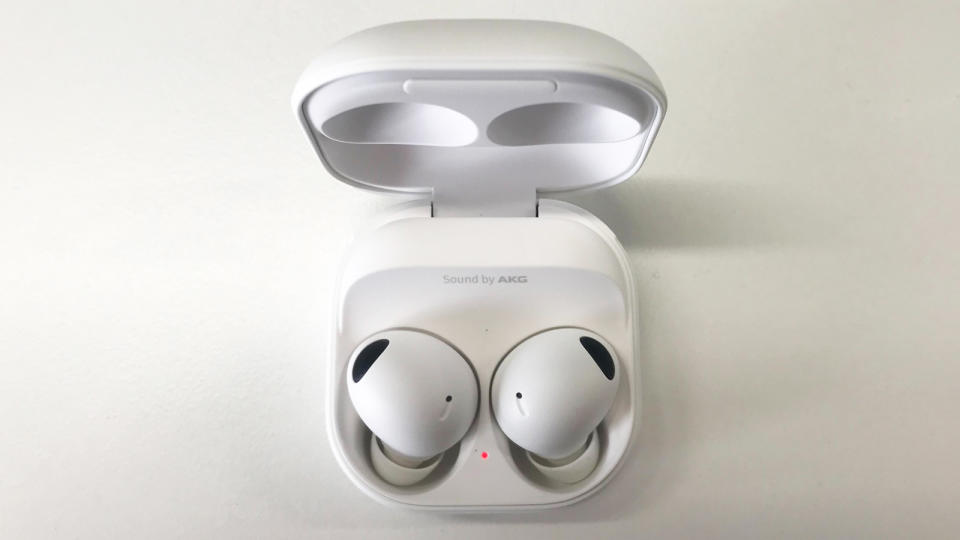 The Samsung Galaxy Buds 2 Pro true wireless earbuds in white pictured in their charging case