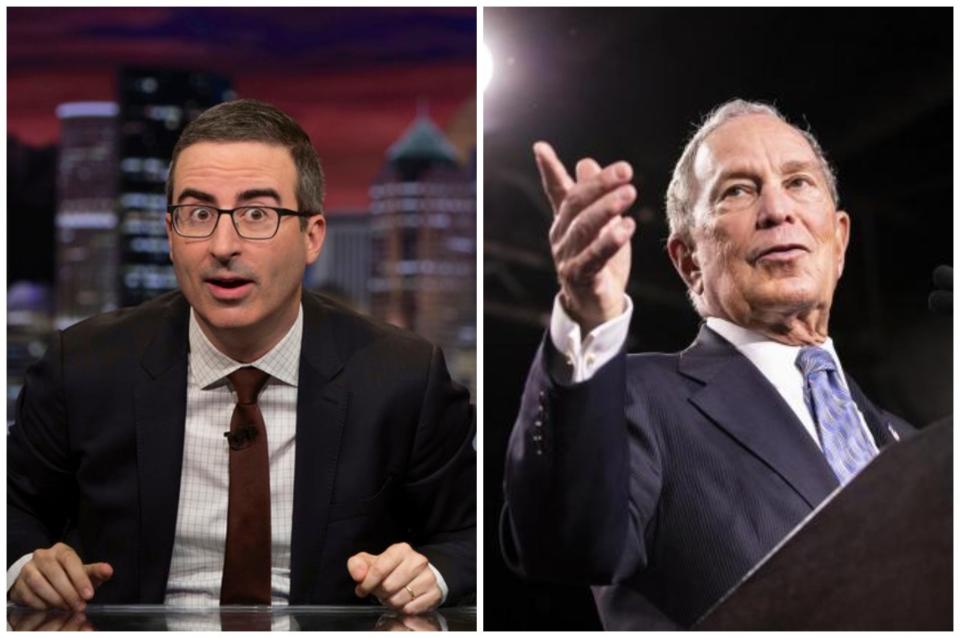 John Oliver (left) has urged US voters not to support Mike Bloomberg: CBS/Getty