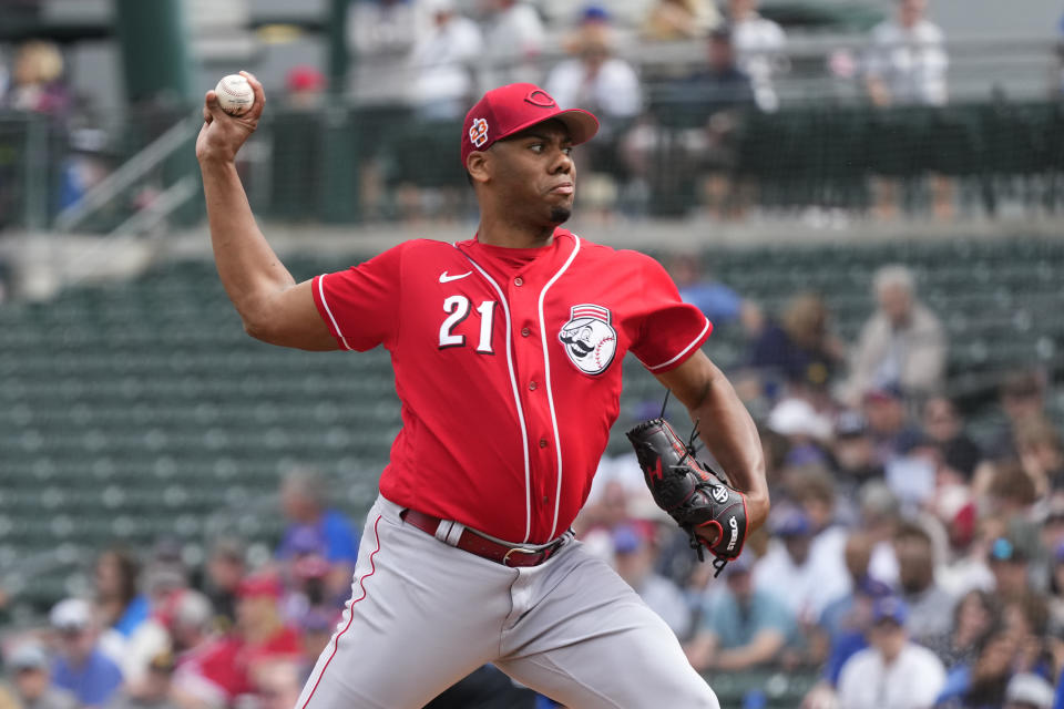 Cincinnati Reds starting pitcher Hunter Greene throws against the Chicago Cubs during the first inning of a spring training baseball game Thursday, March 9, 2023, in Mesa, Ariz. (AP Photo/Ross D. Franklin)