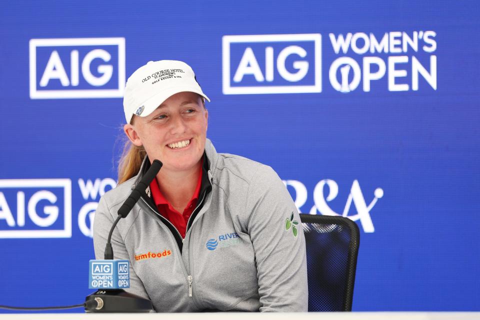 ST ANDREWS, SCOTLAND - AUGUST 20: Gemma Dryburgh of Scotland speaks in a press conference ahead of the AIG Women's Open at St Andrews Old Course on August 20, 2024 in St Andrews, Scotland. (Photo by Oisin Keniry/R&A/R&A via Getty Images)