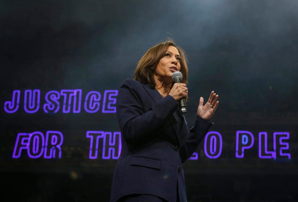 Democratic presidential candidate hopeful Kamala Harris speaks during the Liberty and Justice Celebration on Friday, Nov. 1, 2019, in Des Moines.