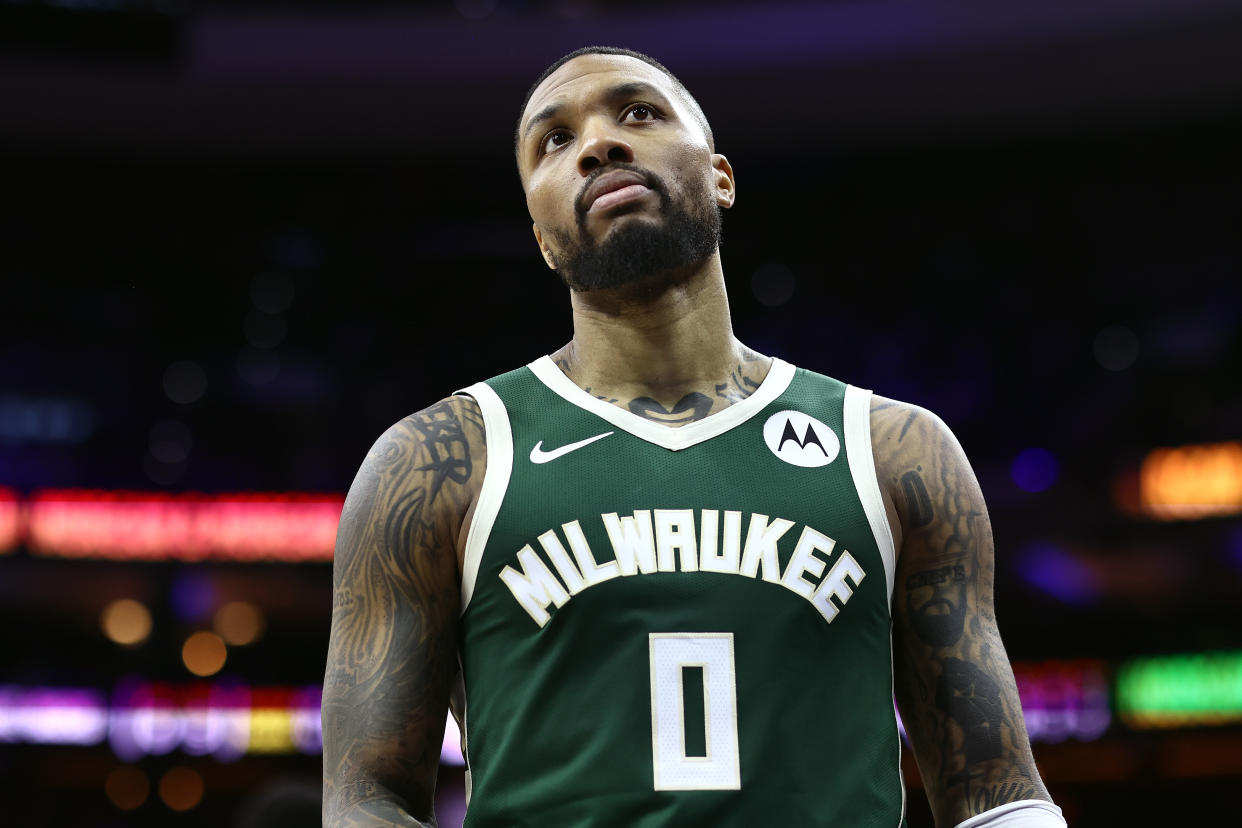 PHILADELPHIA, PENNSYLVANIA - FEBRUARY 25: Damian Lillard #0 of the Milwaukee Bucks looks on during the third quarter against the Philadelphia 76ers at the Wells Fargo Center on February 25, 2024 in Philadelphia, Pennsylvania. (Photo by Tim Nwachukwu/Getty Images)