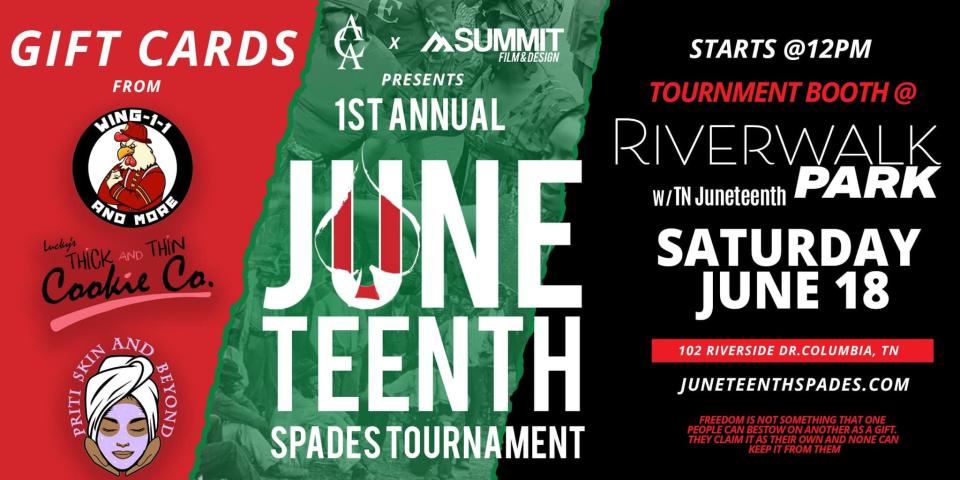 Columbia will celebrate Juneteenth at Riverwalk Park starting at noon Saturday, which will include a cookout, vendors and a spades tournament.