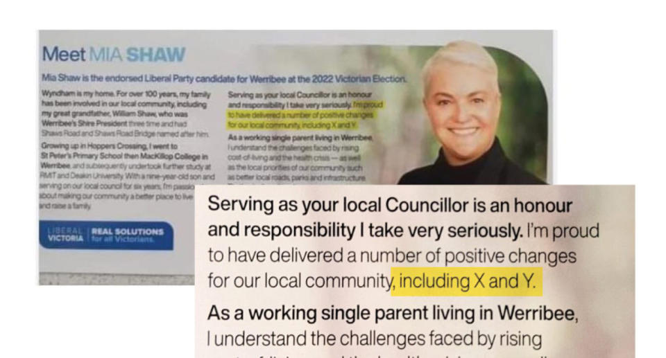 Mia Shaw's political campaign material that has a typo.