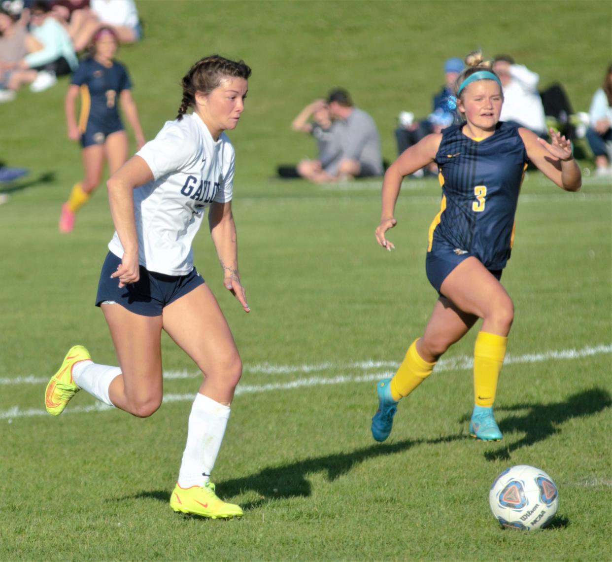 Mariah Turner chases down a ball in the box during a high school soccer MHSAA district quarterfinal matchup between Gaylord and Cadillac on Thursday, May 25 in Cadillac, Mich.