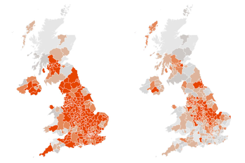 Left, the forecast incorporating 5 February, and right, the forecast incorporating 19 February. (Imperial College London)