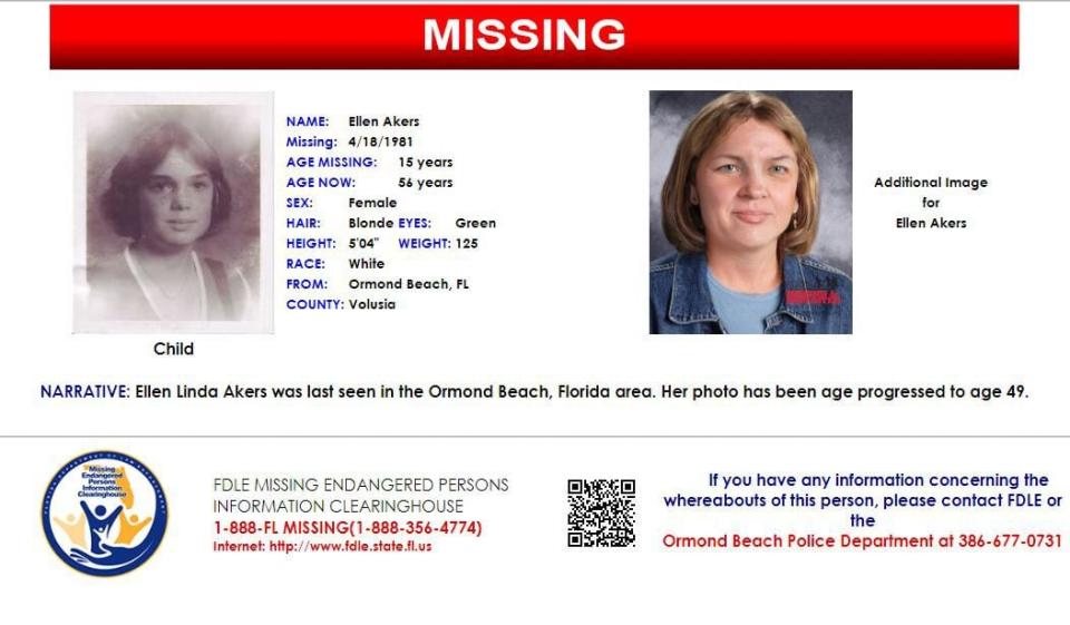 Ellen Akers was last seen in Ormond Beach on April 18, 1981.