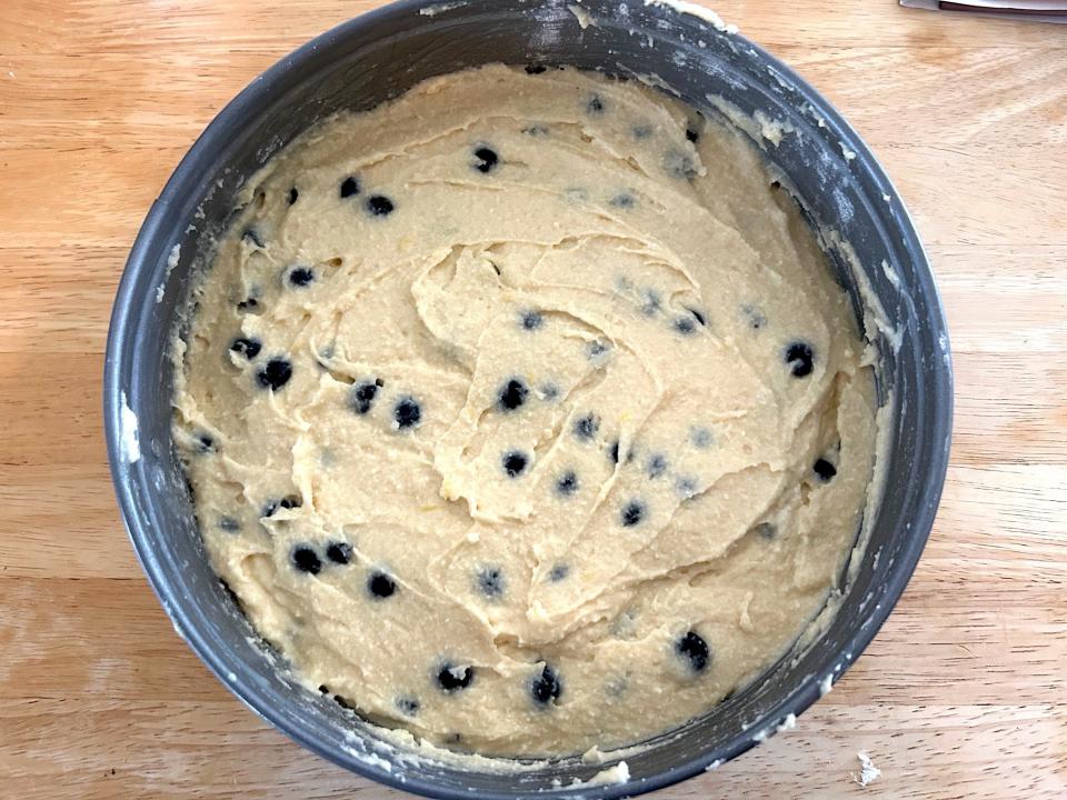Transfering batter to pan for Ina Garten's Blueberry Ricotta Breakfast Cake