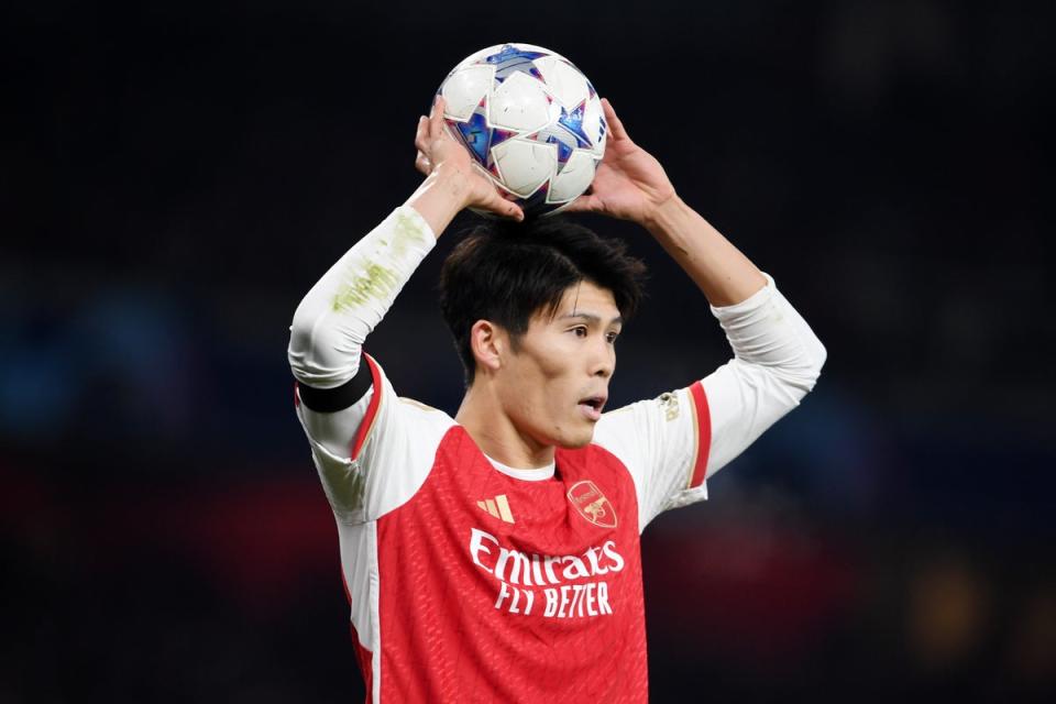 Takehiro Tomiyasu had an excellent first half for Arsenal against Lens (Arsenal FC via Getty Images)