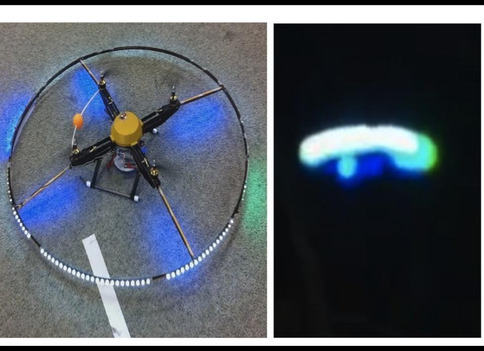 Pictured is a quad copter -- a deliberately manufactured UFO created by special effects wizard Marc Dantonio for a National Geographic special, "The Truth Behind: UFOs," which aired in December 2011. On the left is what the small device looks like resting on the ground, measuring 4 feet in circumference. At right, is how it appeared behind a tree in the night sky.