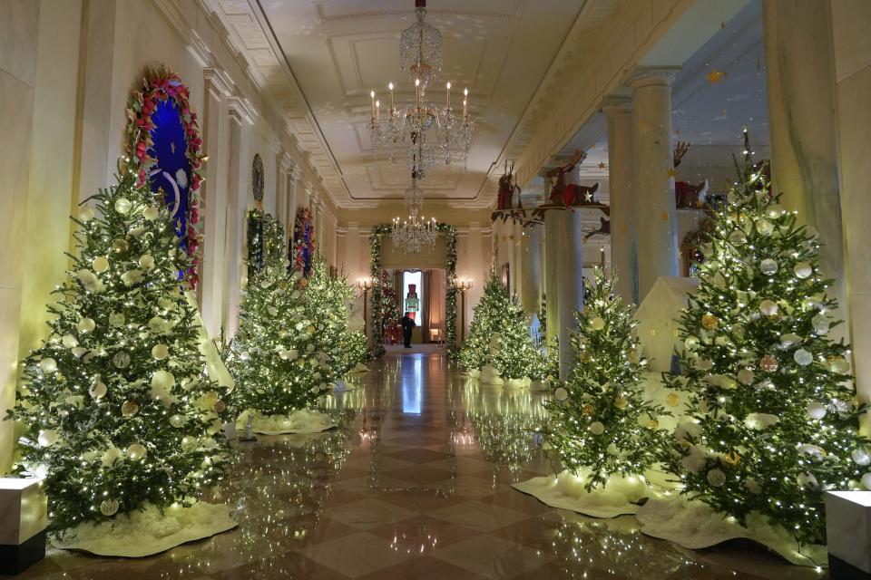 Holiday decorations at the White House are seen on Monday, Nov. 27, 2023.