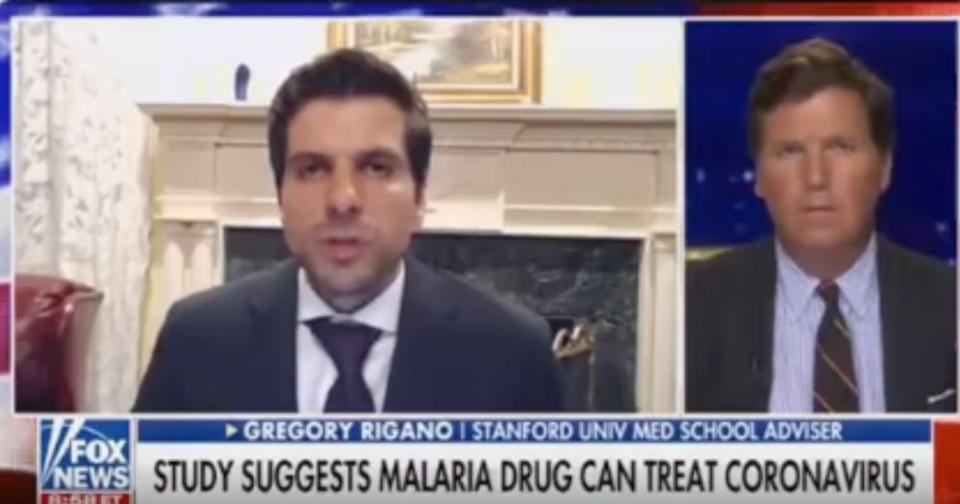 Rigano on Tucker Carlon's prime-time Fox News show. He claimed he could announce a "cure" for the virus. (Photo: Youtube Tumblr)