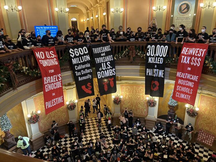 Hundreds of Jewish organizers calling for a ceasefire in Gaza assembled in the California Capitol in Sacramento on Wednesday, Jan. 3, 2024, interrupting the first week of the legislative session.(Mackenzie Mays/Los Angeles Times)