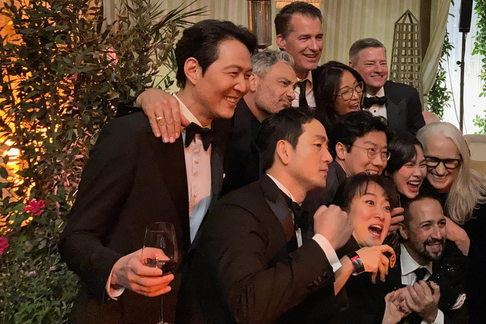 The “Squid Game” and Netflix teams celebrate with Taika Waititi, Jane Campion, and Lin-Manuel Miranda at the Critics Choice Awards Netflix after party. - Credit: Anne Thompson