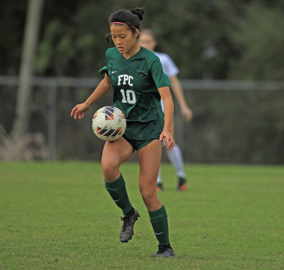 Flagler Palm Coast Ivy Chen (10) gets the ball during the Five Star Conference boys and girls soccer quarterfinals on Saturday, Jan.13th, 2023 at Ormond Beach Sports Complex.
